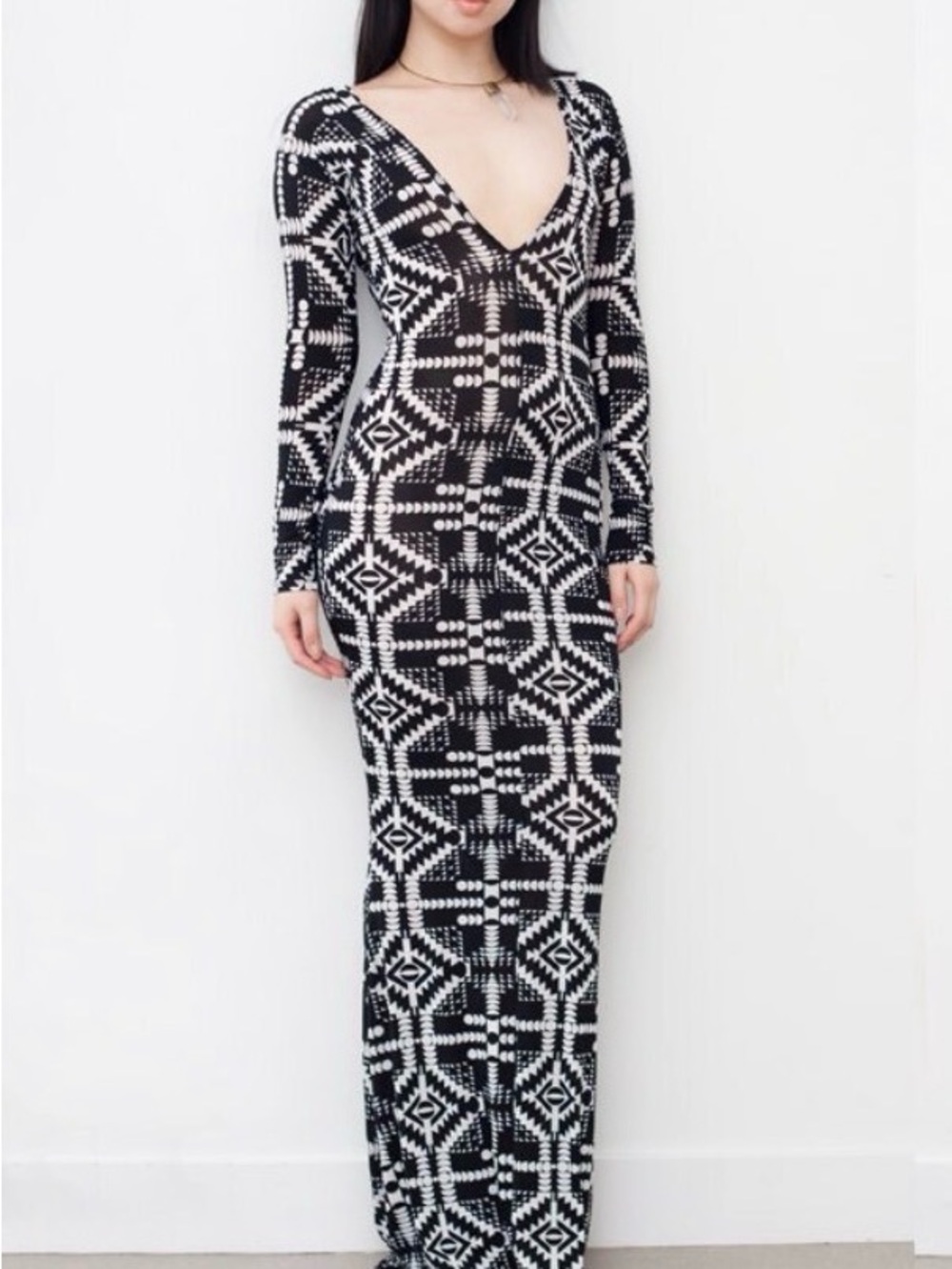 Iconoclasp Black & White Retro Geometric Long Sleeve Plunge Maxi Dress